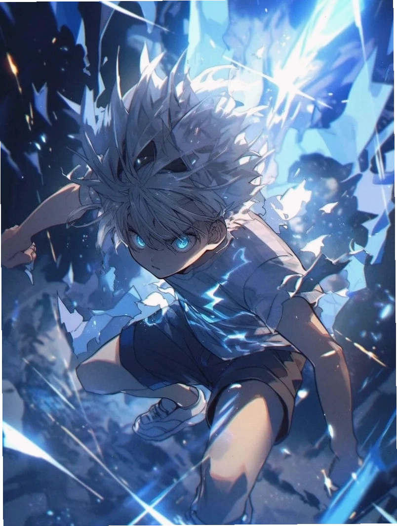 Ảnh Killua Zoldyck với thần thái bí ẩn và ánh mắt sắc lạnh
