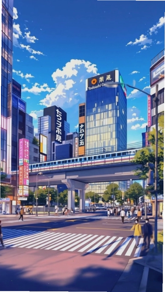 Cảnh anime về một cô gái bị lạc giữa Tokyo, với những tòa nhà cao tầng và biển hiệu neon