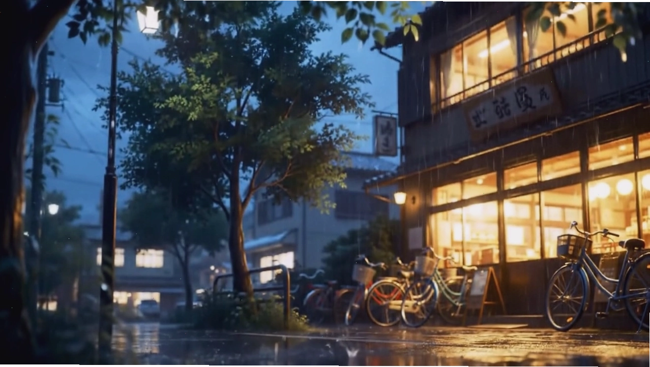 Cảnh đường phố Tokyo trong anime, với những tòa nhà cao tầng và ánh đèn neon rực rỡ