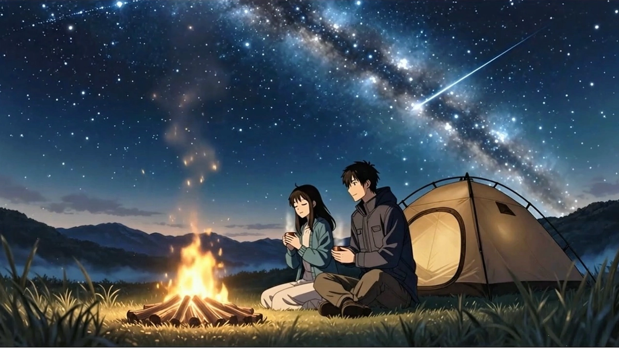 Cặp đôi ngồi cạnh đống lửa trại trong không gian anime lãng mạn