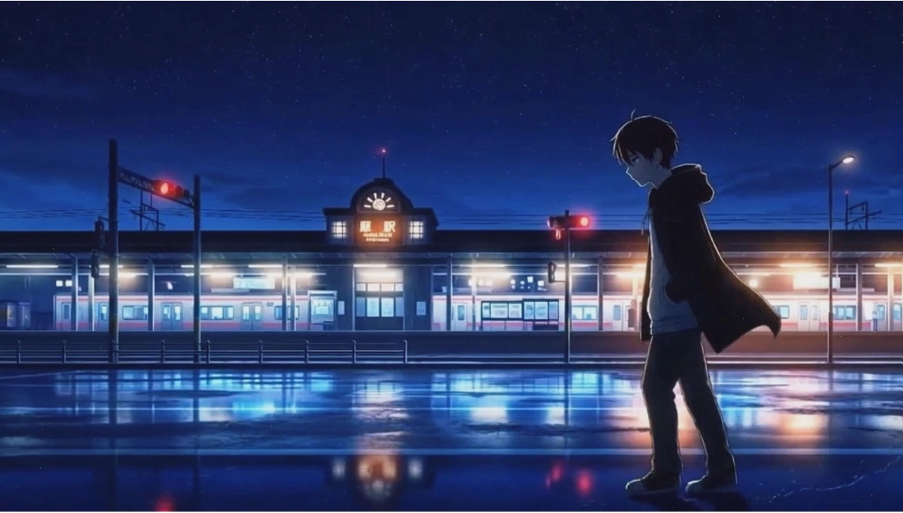 Cậu bé cô đơn ngồi một mình dưới ánh đèn đường, tạo nên không khí anime u buồn