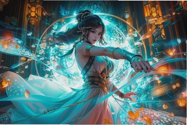 Cô gái anime với mái tóc tím và trang phục độc đáo