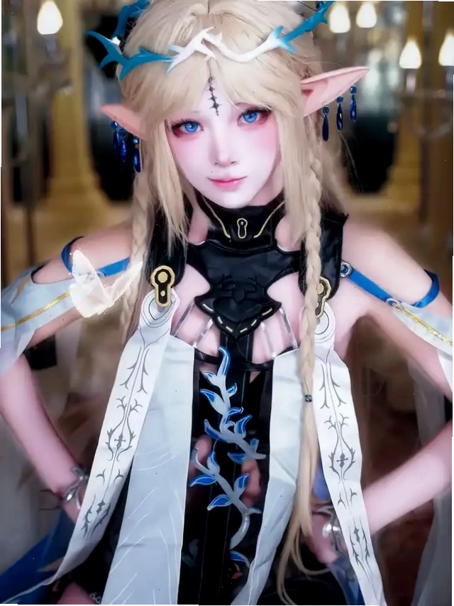 Cô gái cosplay Cartethyia với mái tóc vàng, tai yêu tinh và trang phục trắng đen