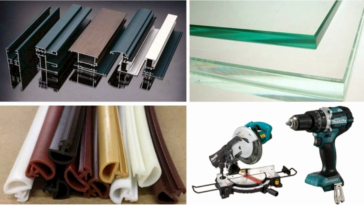Đầy đủ vật liệu và dụng cụ để làm cửa nhôm kính