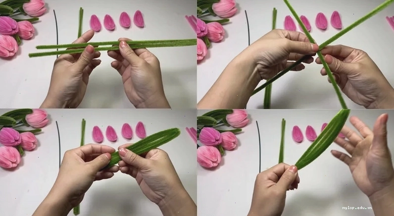 Dùng kẽm nhung màu xanh để làm lá hoa tulip