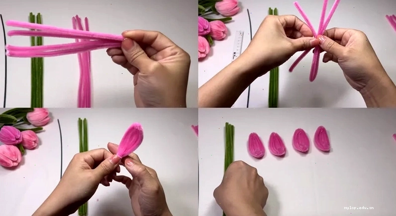 Dùng sợi kẽm nhung màu hồng làm cánh hoa tulip
