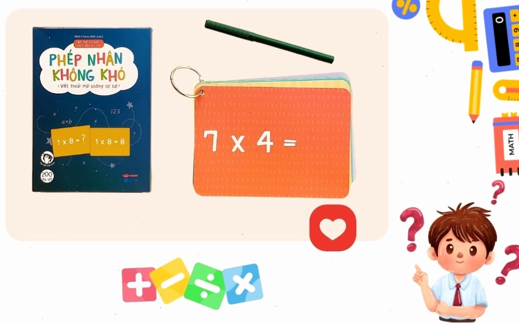 Hình ảnh bé học bảng cửu chương bằng flashcard
