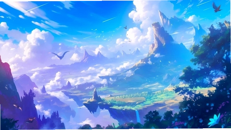 Hình nền phong cảnh anime núi non hùng vĩ dưới bầu trời đầy sao