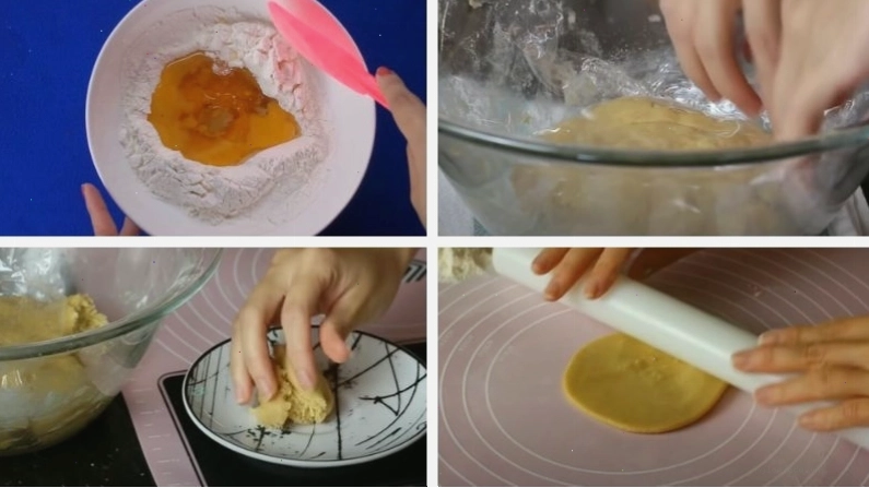 Hỗn hợp bột mì và các nguyên liệu khác được trộn đều để làm vỏ bánh