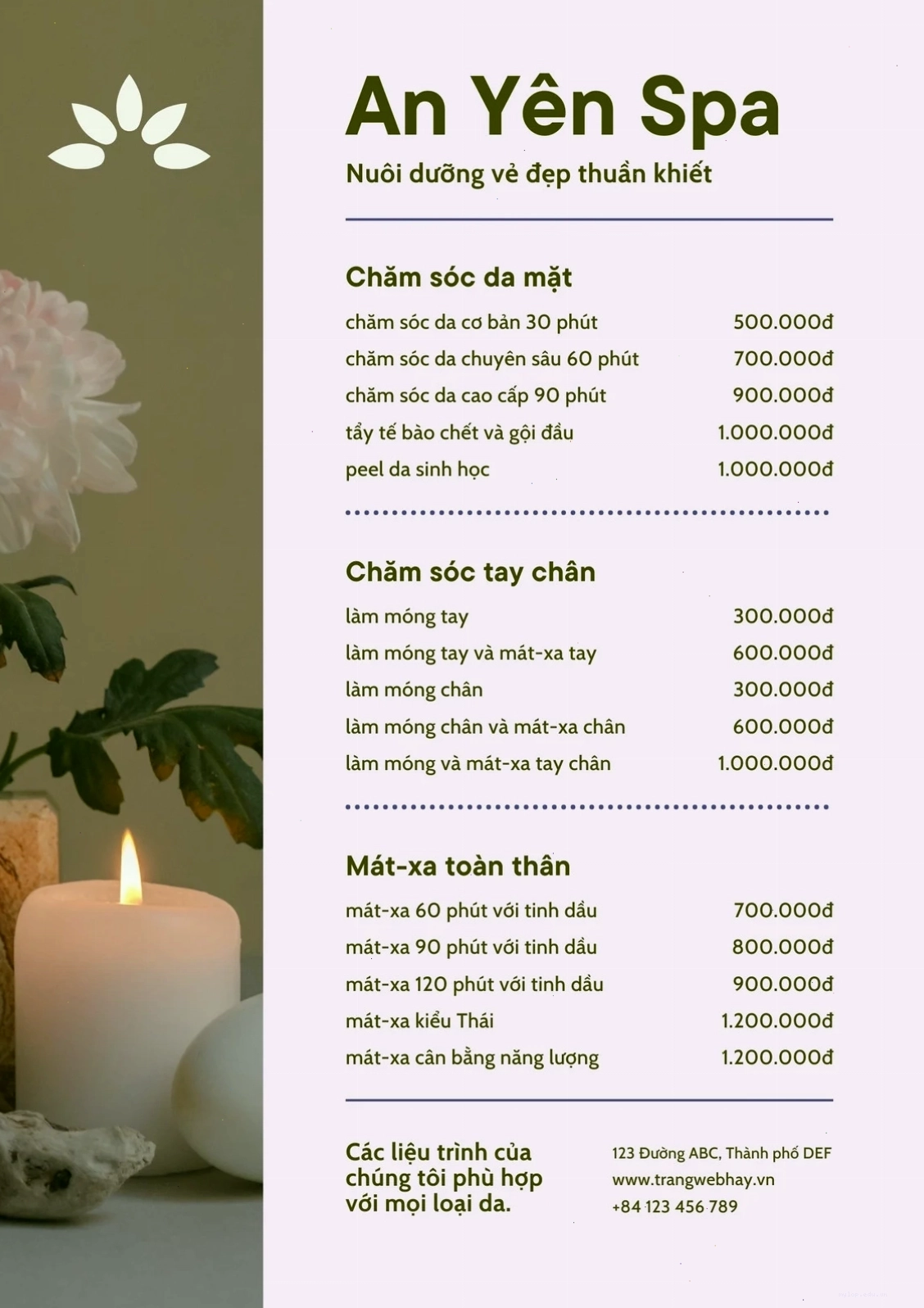 Mẫu menu tím oải hương phong cách hiện đại cho tiệm bánh hoặc spa
