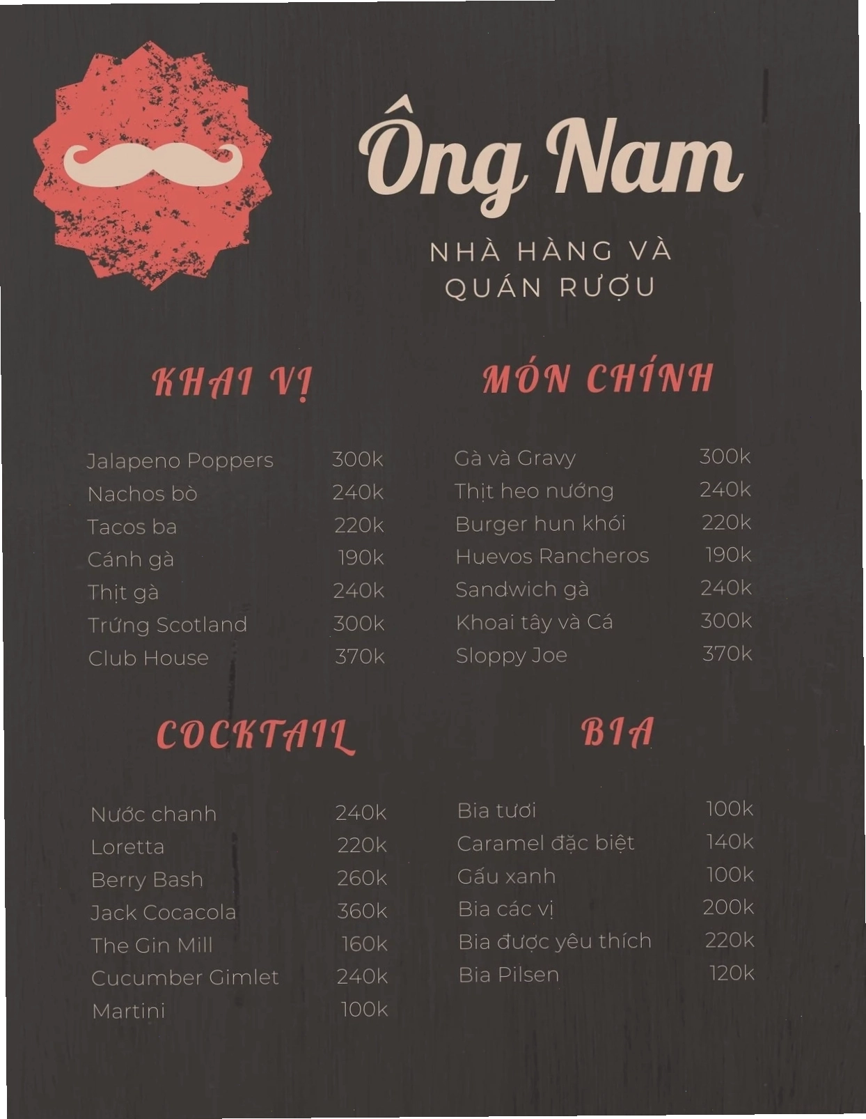 Menu nhà hàng phong cách mộc mạc với nền vân gỗ và font chữ cổ điển