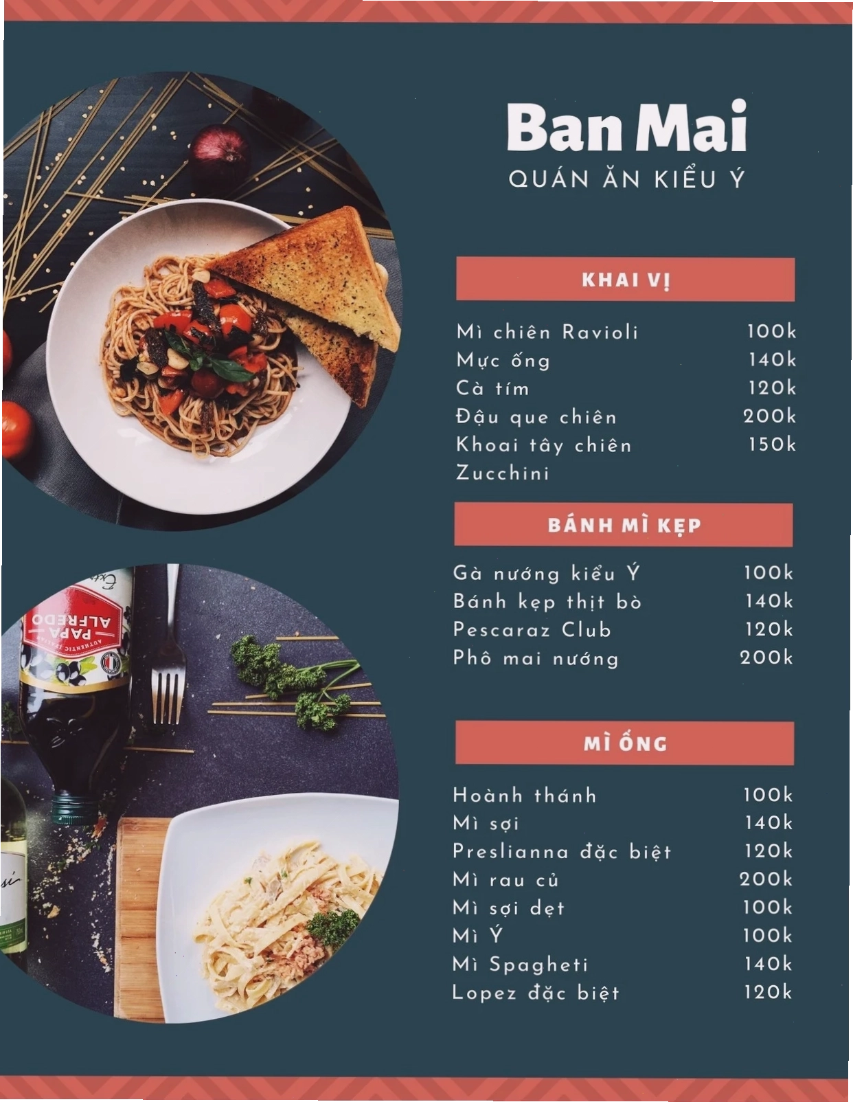 Menu nhà hàng Ý với hình ảnh mì Ý hấp dẫn