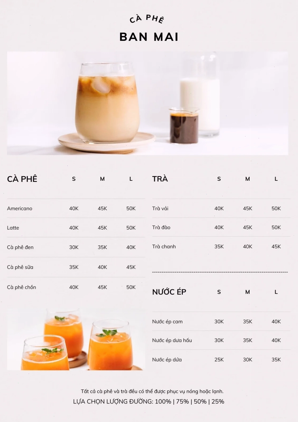 Menu trắng ngà tối giản cho quán cà phê