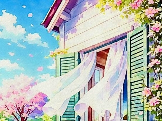Ngôi nhà phong cách anime với dây leo và hoa nở rộ