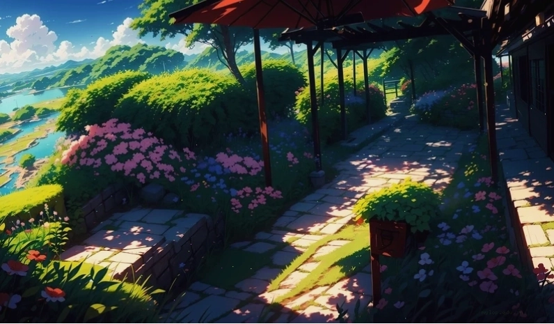 Phong cảnh anime 4K hùng vĩ với núi non và thác nước