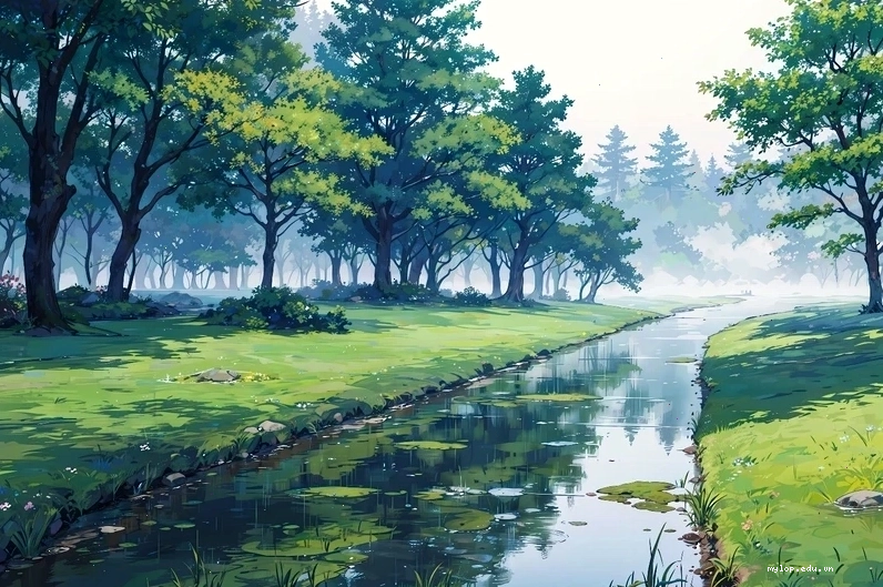 Phong cảnh anime thơ mộng với cánh đồng hoa và bầu trời xanh ngắt