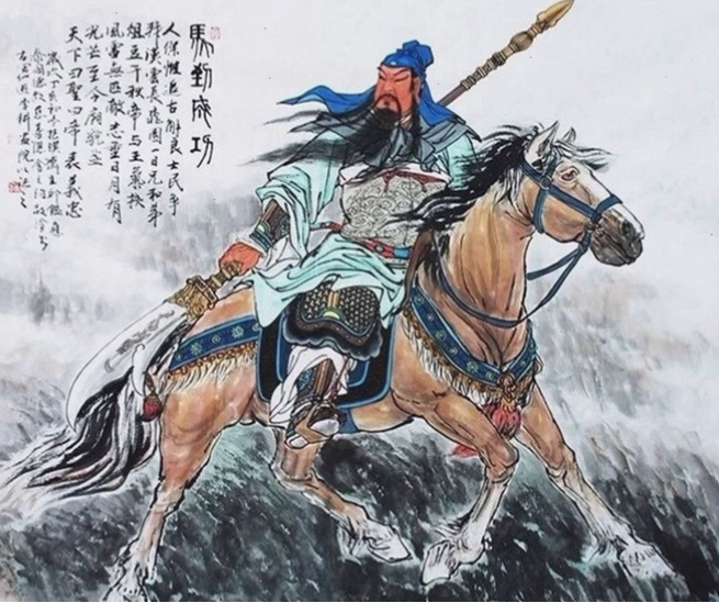 Quan Vũ cầm cây long đao uy dũng