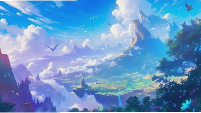 Tranh phong cảnh anime thơ mộng với cánh đồng hoa rực rỡ