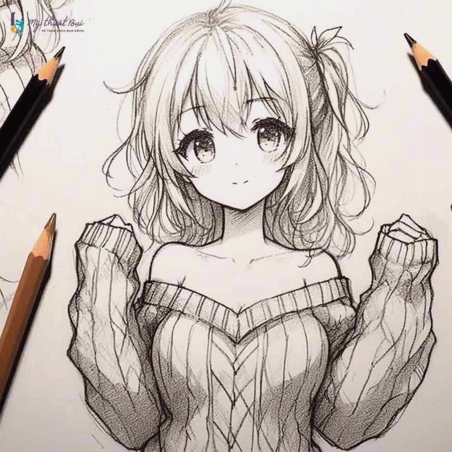 Tranh vẽ anime nữ đơn giản không màu với biểu cảm cuốn hút