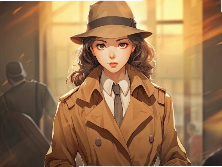 A cartoon illustration of a woman wearing a hat and trench coat