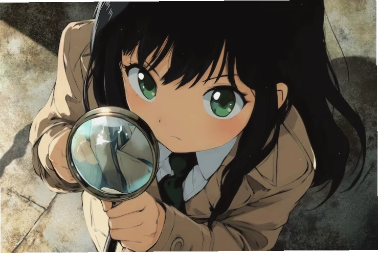 A woman holding a magnifying glass in a detective setting