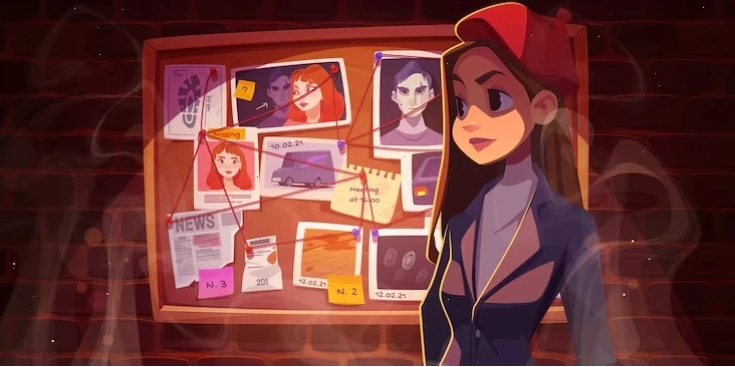 Detective girl standing at an evidence board