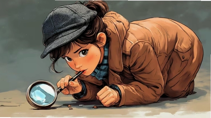 Young female detective examining evidence with a magnifying glass