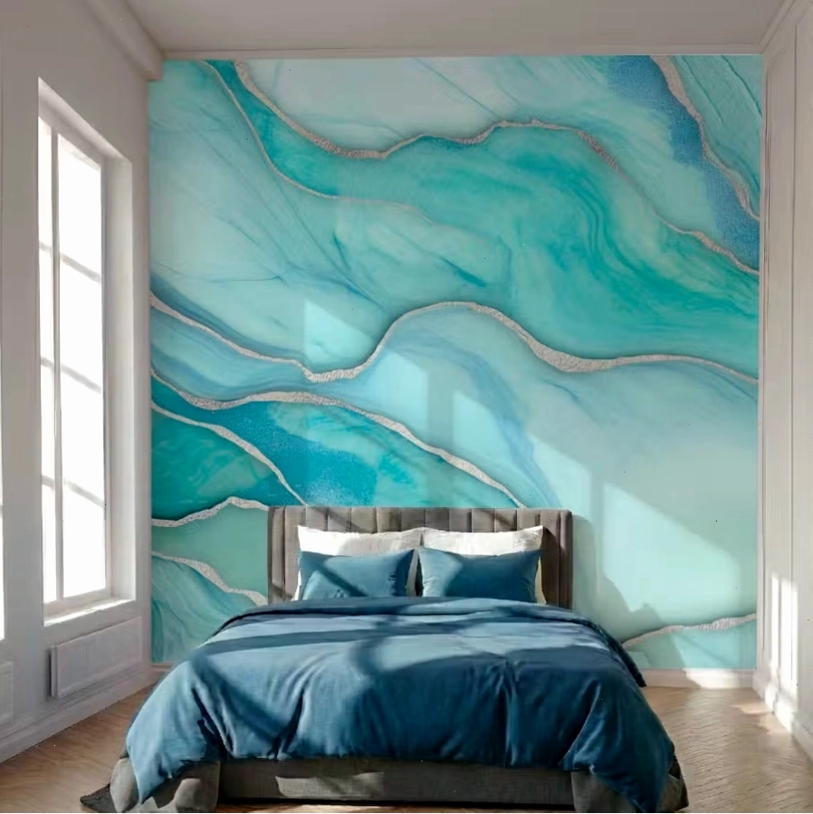 Metallic marble effect wallpaper for glam interior with teal accents
