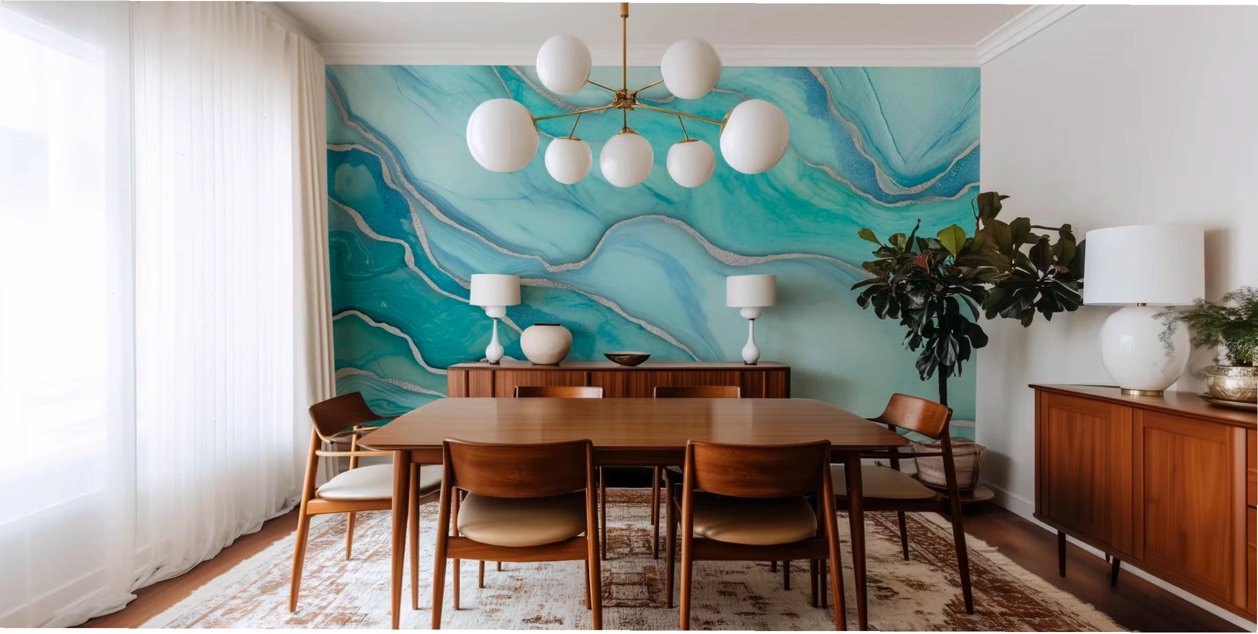 Modern bedroom with turquoise marble wallpaper
