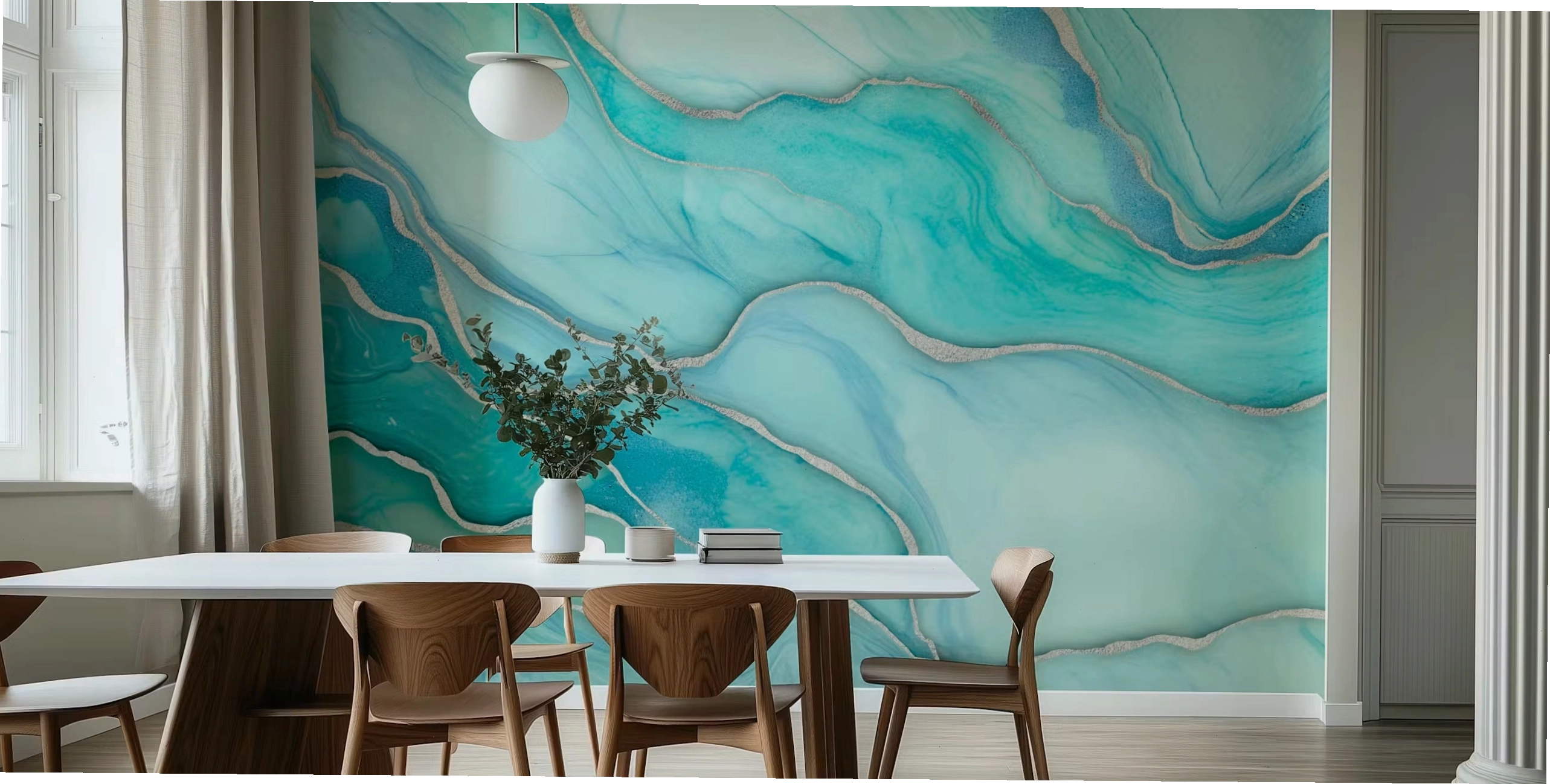 Turquoise marble mural in a minimalist room