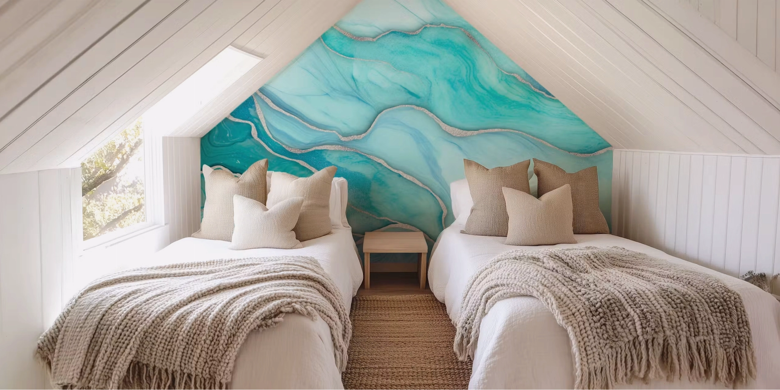 Turquoise marble wallpaper in a modern living area