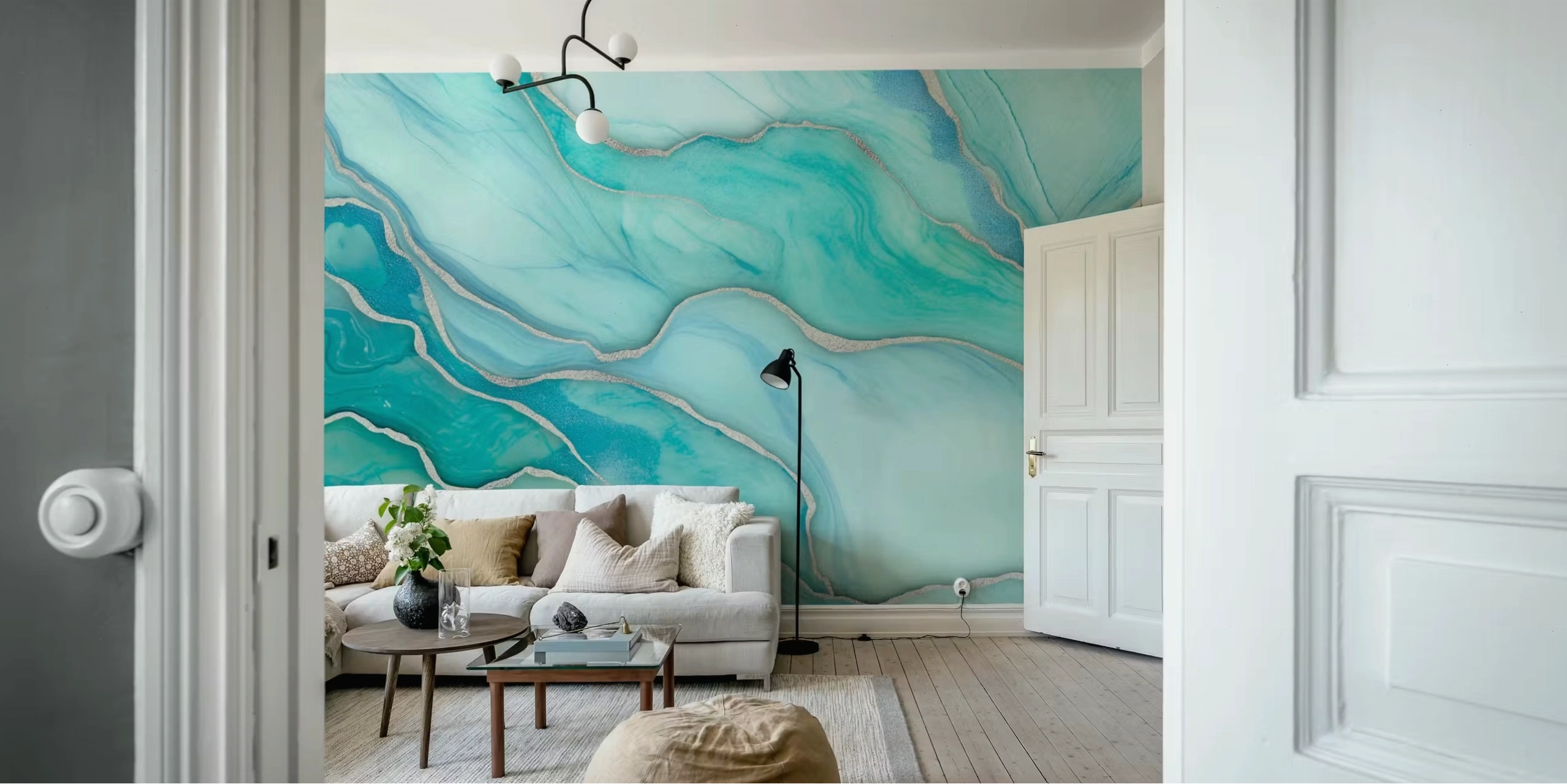 Turquoise marble wallpaper in a modern room